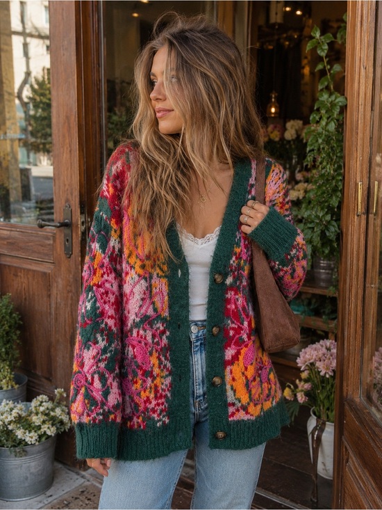 Free People Sweaters - Free People Multicolor Floral Knit Cardigan in Green, Pink & Orange